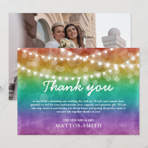 Regenbogen-Ombre-Lichterkette Schwule Hochzeitsfot Dankeskarte