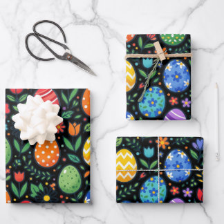 Regenbogen-Osterhasen-Eier und Blumen Geschenkpapier Set