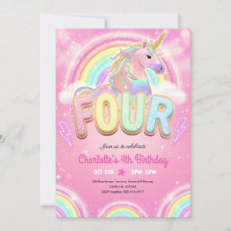 Regenbogen-Pailletten-Einhorn 4. Geburtstag Einladung