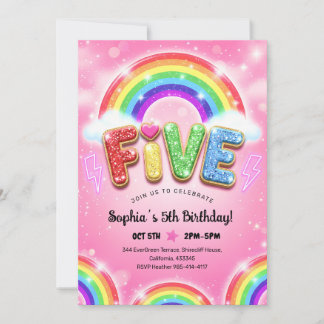 Regenbogen-Pailletten-Glitter 5. Geburtstag Einladung