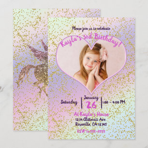 Regenbogen Pastell Gold Glitter Einhorn Foto Party Einladung