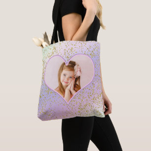 Regenbogen-Pastell-Gold-Glitter-Herz-Foto-Bild Tasche