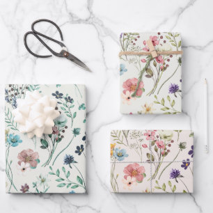Regenbogen-Pastellfarben Aquarell-Wildblumenwiese Geschenkpapier Set