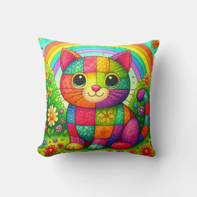 Regenbogen-Patchwork-Fantastische-Bunte-Katze Kissen (Vorderseite)