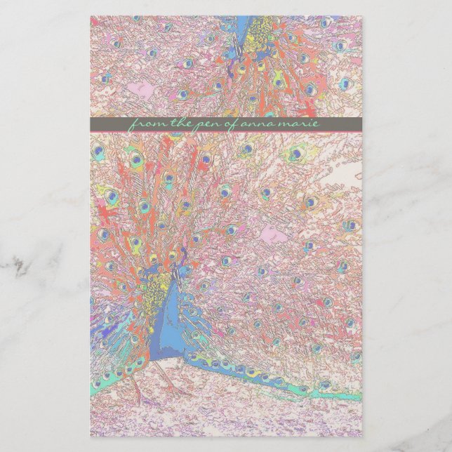 Regenbogen-Pfau-personalisiertes Briefpapier (Vorderseite)