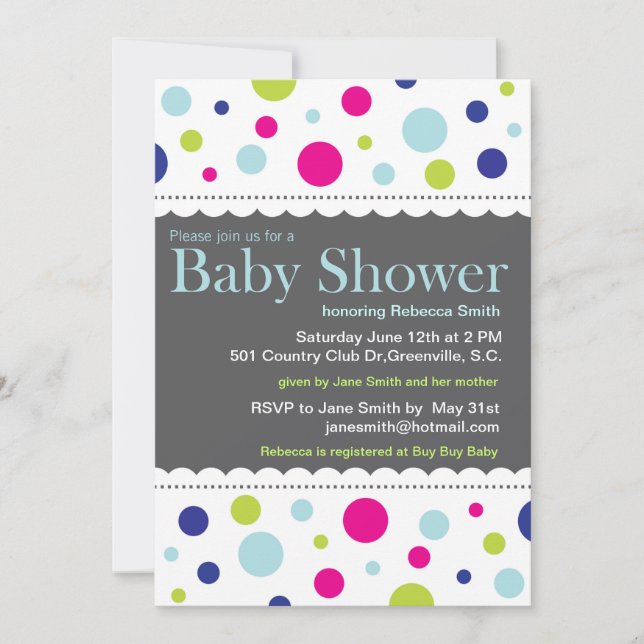 Regenbogen punktiert Babyparty-Einladung Einladung (Vorderseite)