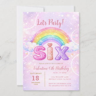 Regenbogen Rosa Lila Glitter Sechs Geburtstagsfeie Einladung
