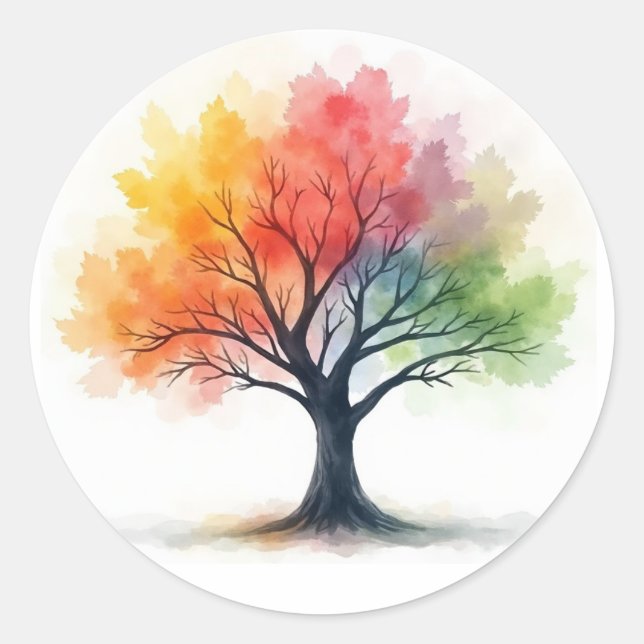 Regenbogen Saisons Tree - Farbenfrohe Wasserfarbe  Runder Aufkleber (Vorderseite)