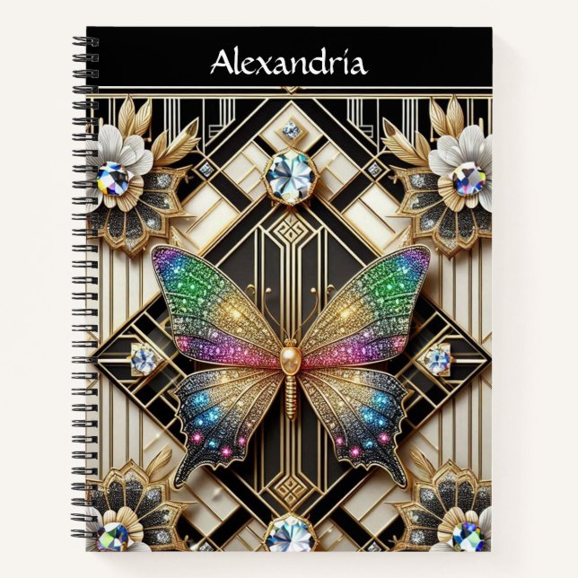 Regenbogen Schmetterling Art Deco Notizbuch (Vorderseite)