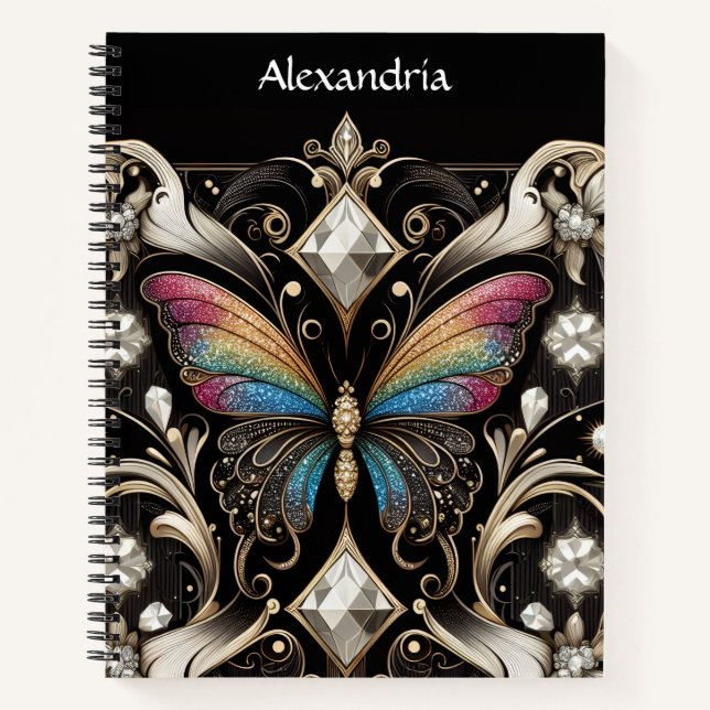 Regenbogen Schmetterling Art Deco Notizbuch (Vorderseite)