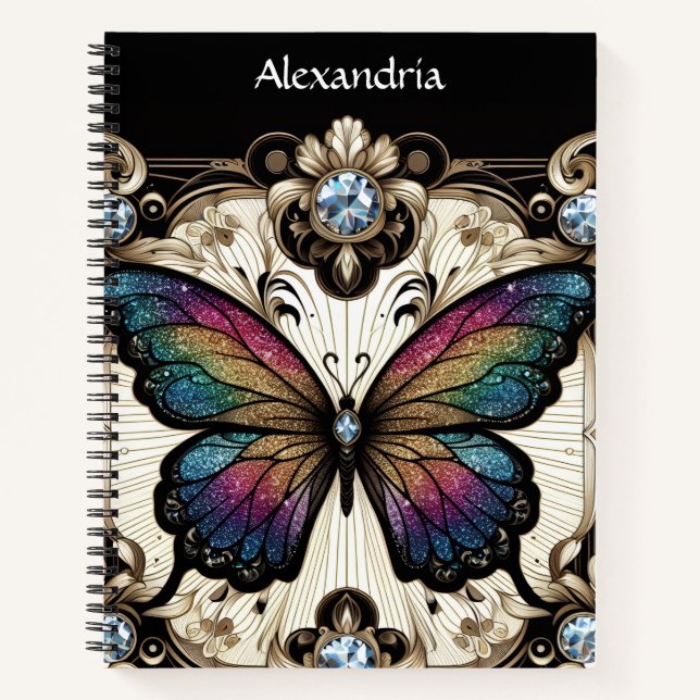 Regenbogen Schmetterling Art Deco Notizbuch (Vorderseite)