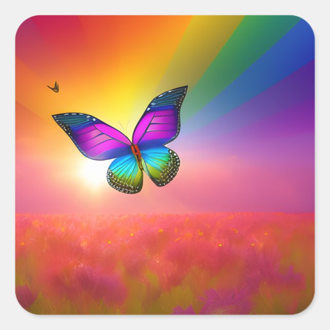 Regenbogen-Schmetterling im Feld Quadratischer Aufkleber (Vorderseite)