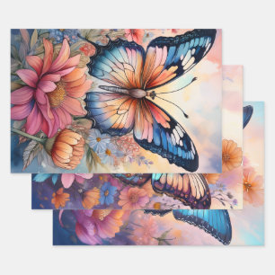 Regenbogen-Schmetterling in einem Blumengarten Nat Geschenkpapier Set