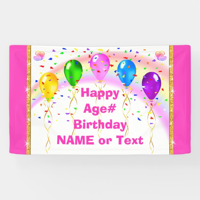 Regenbogen, Schmetterlinge und Ballons, rosa Gebur Banner (Horizontal)