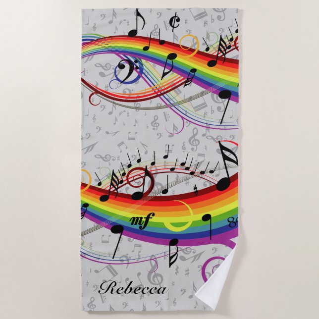 Regenbogen-schwarze musikalische Anmerkungen über Strandtuch (Vorderseite)