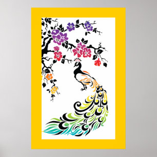 Regenbogen, schwarze Pfau- und Kirschblüten Poster