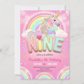 Regenbogen-Sequin-Einhorn 9. Geburtstag Einladung
