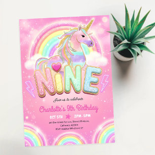 Regenbogen-Sequin-Einhorn 9. Geburtstag Einladung