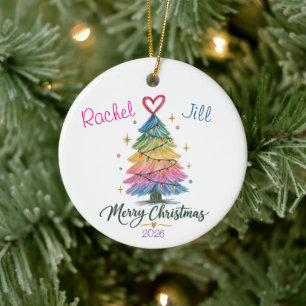 Regenbogen skizzierter Weihnachtsbaum Keramik Ornament