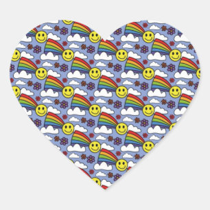 Regenbogen-Smiley und Blumenhippie-Muster Herz-Aufkleber