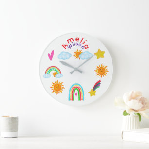 Regenbogen-Sonne-Stern und Wolken sind glücklich z Große Wanduhr