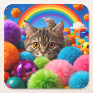Regenbogen-Spielzeit-Kätzchen entzückende getigert Rechteckiger Pappuntersetzer