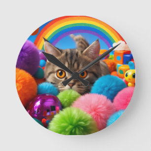 Regenbogen-Spielzeit-Kätzchen Süße getigerte Katze Runde Wanduhr