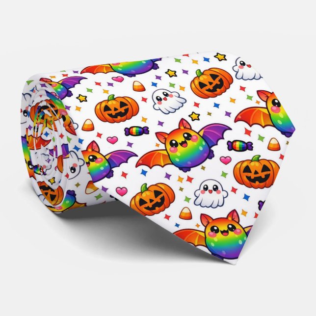 🌈🦇 Regenbogen-Spooky-Süße-Party Krawatte (Gerollt)