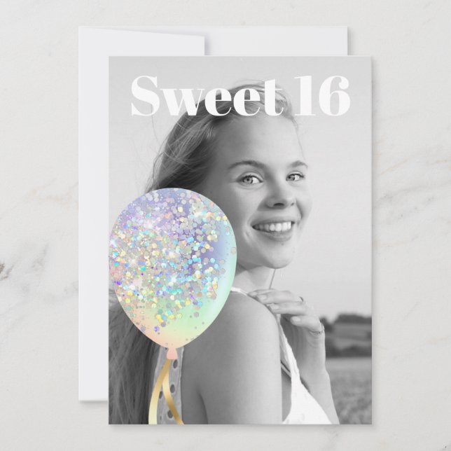 ~* Regenbogen Sweet 16 FOTO Ballon AP29 Geburtstag Einladung (Vorderseite)
