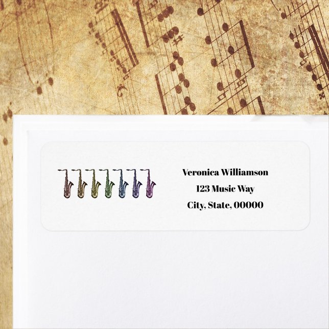 Regenbogen Tenorsaxophon Rücksendeadresse personal (Return address label with a rainbow of saxophones)