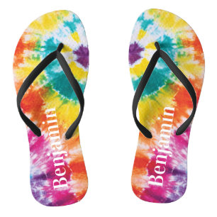 Regenbogen-Tie-Dye-Bunte-Name-Urlauf-Vater Flip Flops