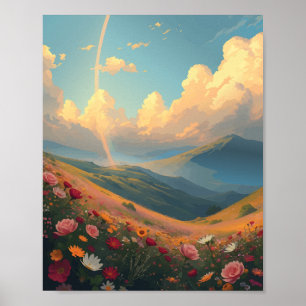Regenbogen über dem Feld Blume Poster