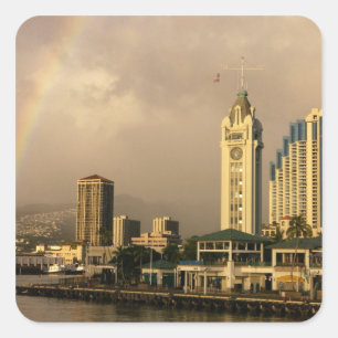 Regenbogen über Honolulu, Hawaii, USA 2 Quadratischer Aufkleber