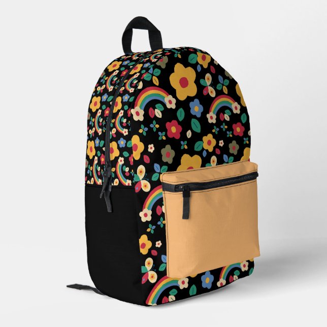 Regenbögen und Blumen  Bedruckter Rucksack (Rückseitige Ecke links)