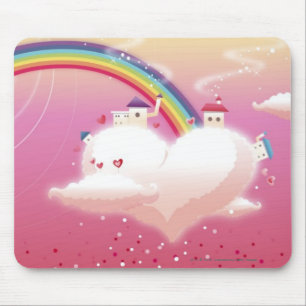 Regenbogen und Gebäude auf Wolken Mousepad