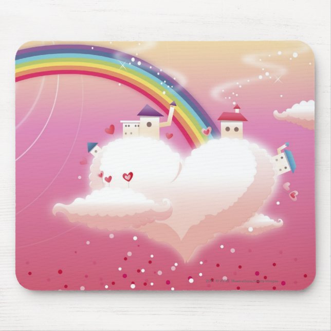 Regenbogen und Gebäude auf Wolken Mousepad (Vorne)