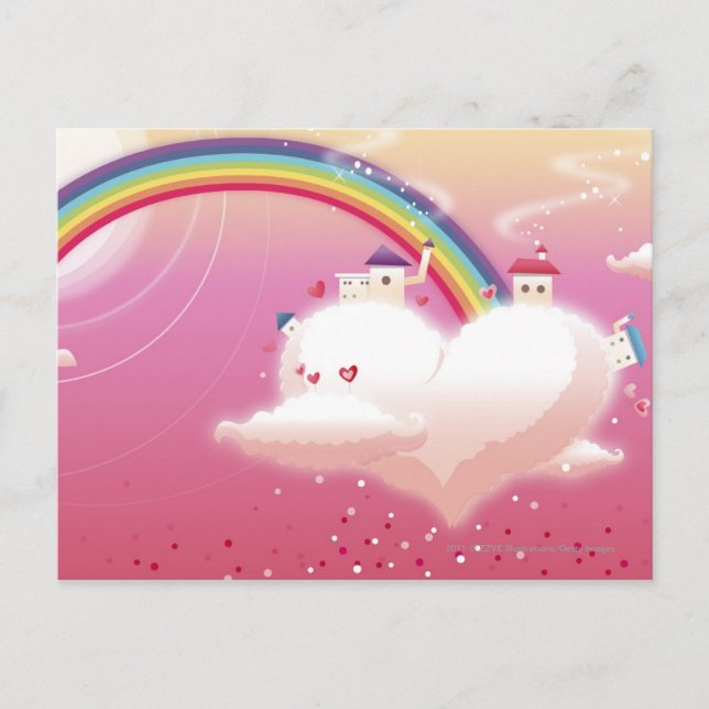 Regenbogen und Gebäude auf Wolken Postkarte (Vorderseite)