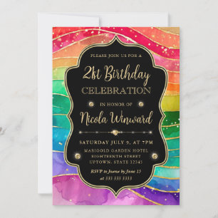 Regenbogen und Gold Glitter Alkohol-Tinte 21. Gebu Einladung