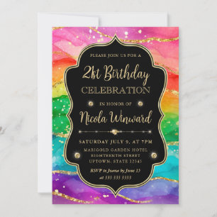 Regenbogen und Gold Glitter Alkoholtinte 21. Gebur Einladung