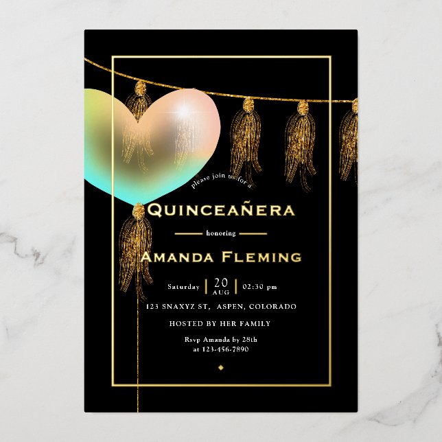 Regenbogen und Gold und Black Quinceñera Folieneinladung (Vorderseite)