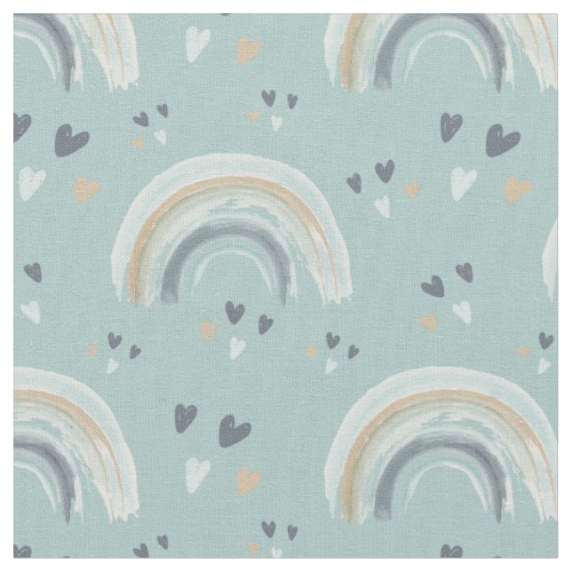 Regenbogen und Herz in Boho Mutes blaues Muster Stoff (Nahaufnahme)