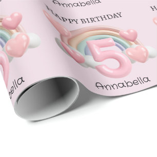 Regenbogen und Herzen 3D 5. rosa Geburtstagsfeier Geschenkpapier