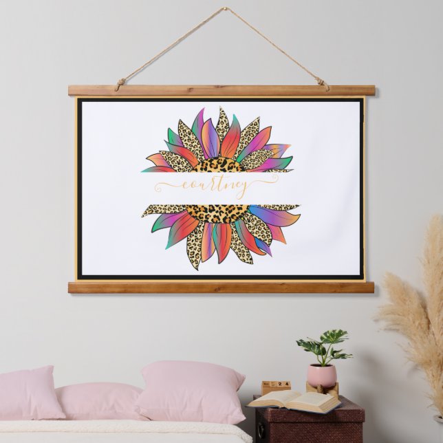 Regenbogen und Leopardensonnenblume personalisiert Wandteppich Mit Holzrahmen (Schlafzimmer)
