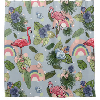 Regenbogen und rosa Flamingos in tropischen Blätte Duschvorhang