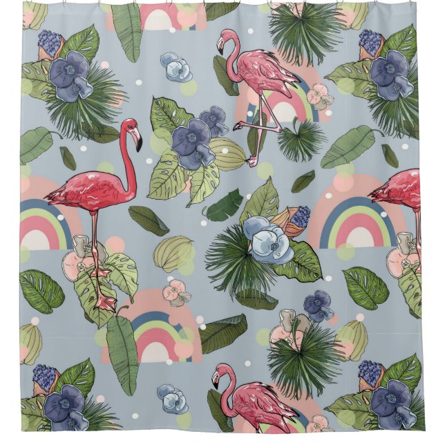 Regenbogen und rosa Flamingos in tropischen Blätte Duschvorhang (Vorderseite)