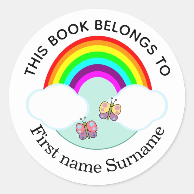Regenbogen und Schmetterlinge Personalisiert Runder Aufkleber (Vorderseite)