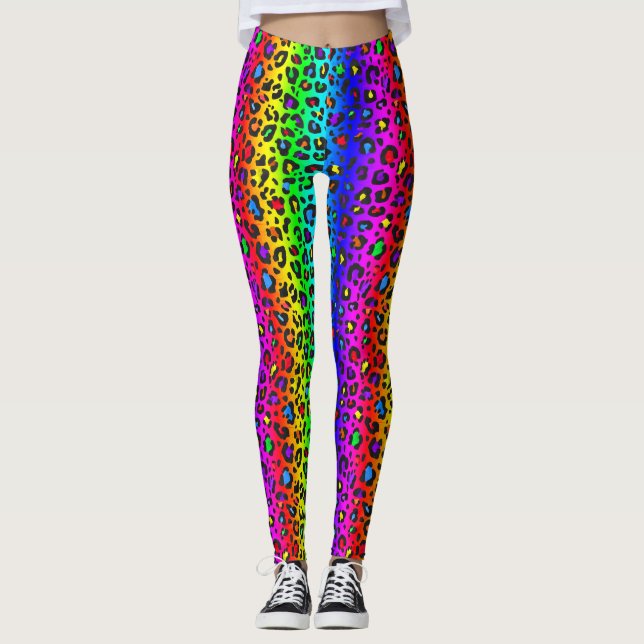 Regenbogen und Schwarzes Leopard-Druckmuster Leggings (Vorderseite)