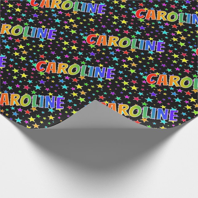 Regenbogen- Vorname "CAROLINE" + Sterne Geschenkpapier (Ecke)