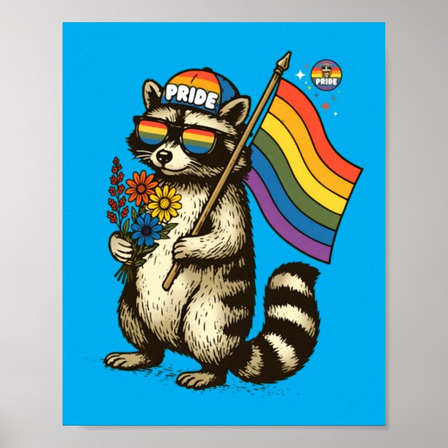 Regenbogen-Waschbär-Blumenparade Süßes Tier Poster (Vorne)