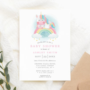 Regenbogen-Wasserfarbe-Einhorn-Rosa-Mädchen-Baby-P Einladung